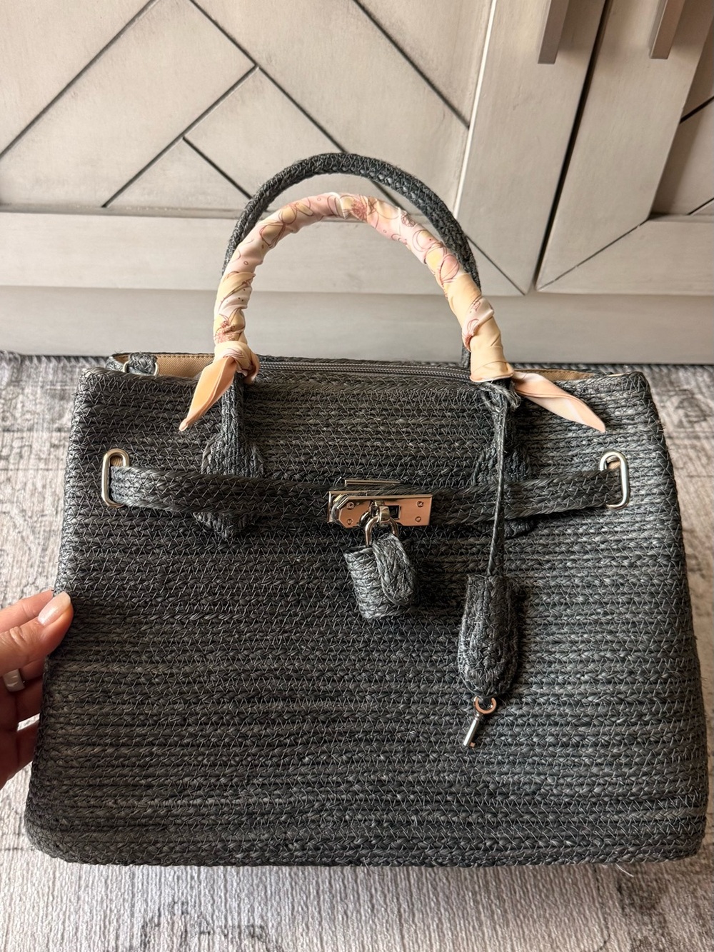 Straw Woven Birkin/Kelly-inspired bag in charcoal grey color with pink twilly